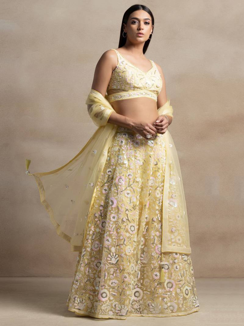 Yellow Net Sequin Embroidered Lehenga