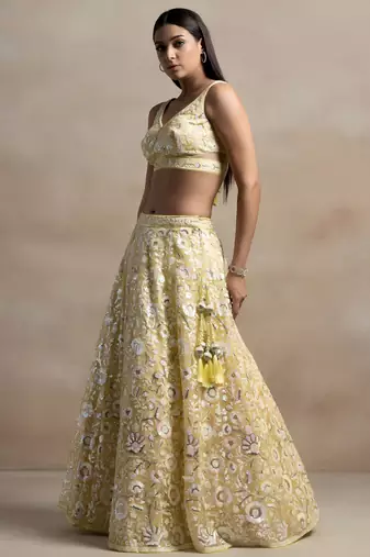 yellow net sequin embroidered lehenga