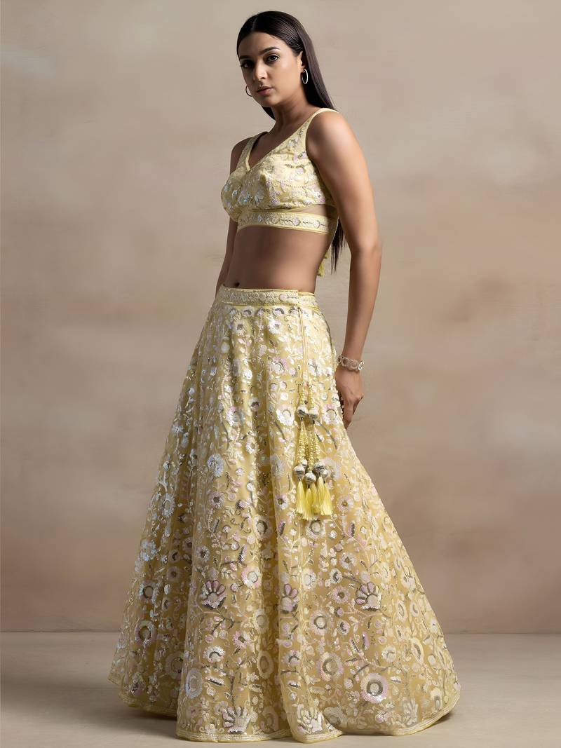 yellow net sequin embroidered lehenga