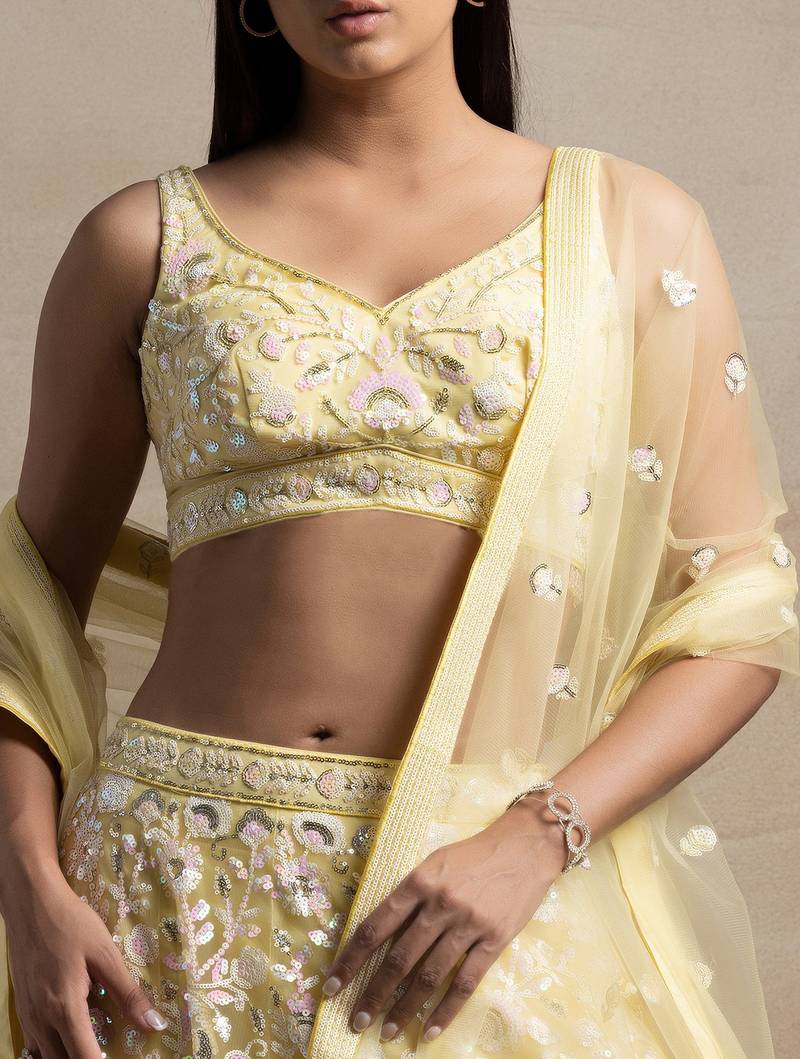 Yellow Net Sequin Embroidered Lehenga