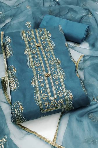 Women's teal blue unstitched thread multi embroidery roman cotton silk dress material 