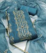 Women's teal blue unstitched thread multi embroidery roman cotton silk dress material 