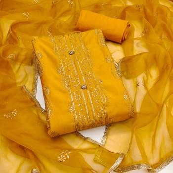 Women's yellow thread multi embroidery roman cotton silk dress material 1
