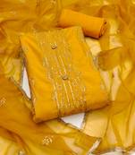 Women's yellow unstitched thread multi embroidery roman cotton silk dress material 