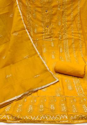 Women's yellow thread multi embroidery roman cotton silk dress material 2