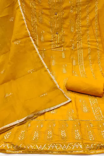 Women's yellow thread multi embroidery roman cotton silk dress material