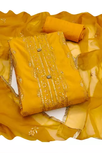 Women's yellow thread multi embroidery roman cotton silk dress material