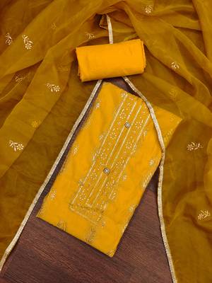 Women's yellow thread multi embroidery roman cotton silk dress material 5