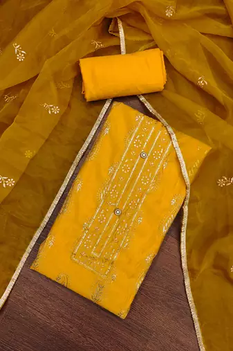 Women's yellow thread multi embroidery roman cotton silk dress material