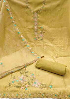 Women's light yellow sequence embroidery roman cotton silk dress material 2