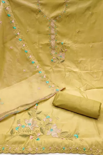 Women's light yellow sequence embroidery roman cotton silk dress material