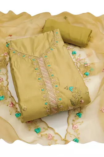 Women's light yellow sequence embroidery roman cotton silk dress material