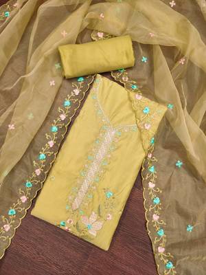 Women's light yellow sequence embroidery roman cotton silk dress material 5