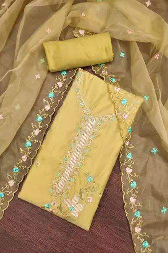 Women's light yellow sequence embroidery roman cotton silk dress material