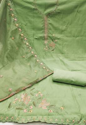 Women's light green sequence embroidery roman cotton silk dress material 2