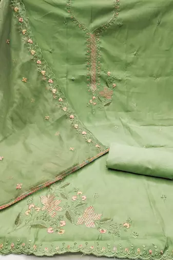 Women's light green sequence embroidery roman cotton silk dress material