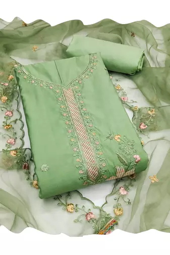 Women's light green sequence embroidery roman cotton silk dress material