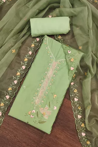Women's light green sequence embroidery roman cotton silk dress material