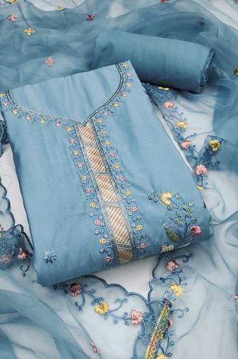 Women's sky blue unstitched sequence embroidery roman cotton silk dress material 