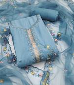 Women's sky blue unstitched sequence embroidery roman cotton silk dress material 