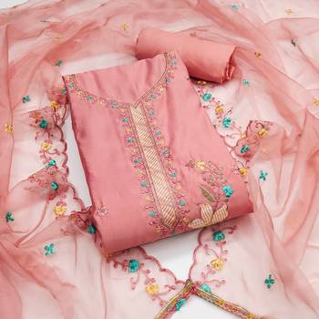 Women's peach sequence embroidery roman cotton silk dress material 1