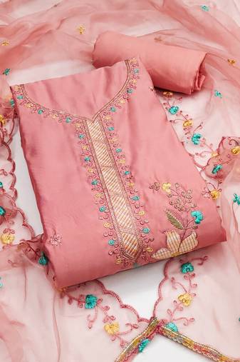 Women's peach unstitched sequence embroidery roman cotton silk dress material 