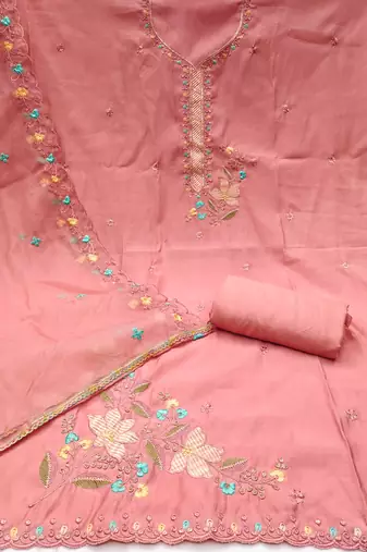 Women's peach sequence embroidery roman cotton silk dress material