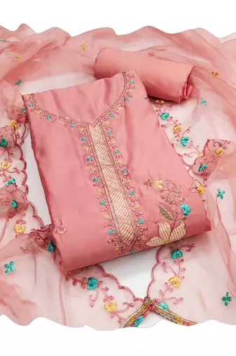 Women's peach sequence embroidery roman cotton silk dress material