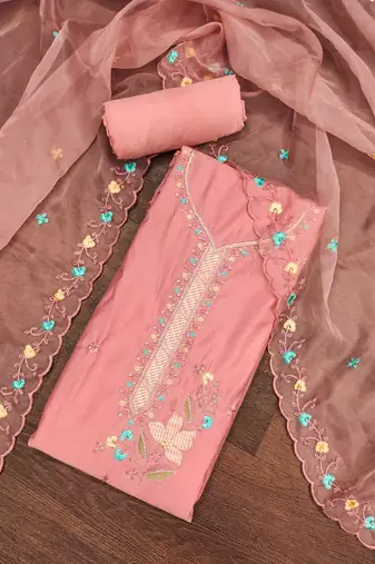 Women's peach sequence embroidery roman cotton silk dress material