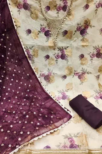 Women's multi designer print, hand work viscose banarasi dress material