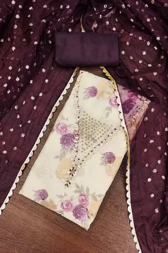 Women's multi designer print, hand work viscose banarasi dress material