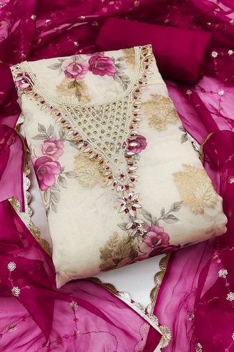 Women's multi unstitched designer print, hand work viscose banarasi dress material 