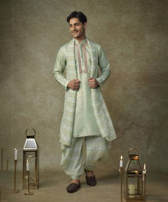 Sage green embroiderd kurta with dupatta and dhoti 1