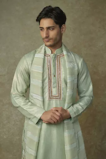 Sage green embroiderd kurta with dupatta and dhoti