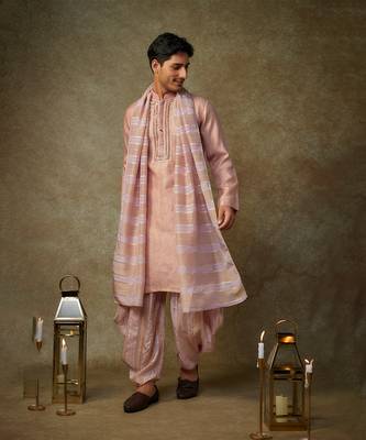 Peach embroiderd kurta with dupatta and dhoti 1