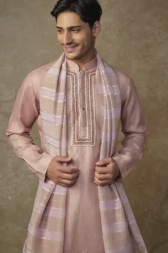 Peach embroiderd kurta with dupatta and dhoti