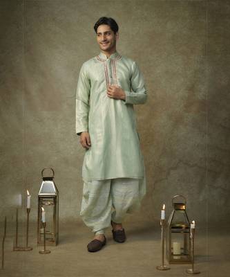Sage green embroiderd kurta with dupatta and dhoti 5
