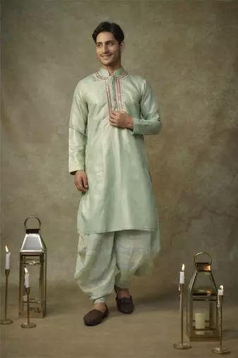 Sage green embroiderd kurta with dupatta and dhoti