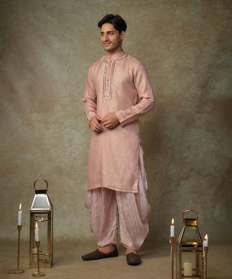 Peach embroiderd kurta with dupatta and dhoti 4