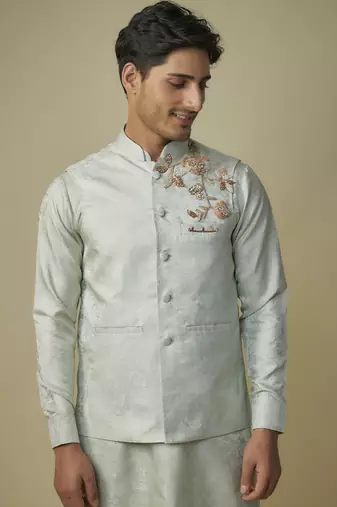 Sage greem embroiderd bundi with kurta and pant