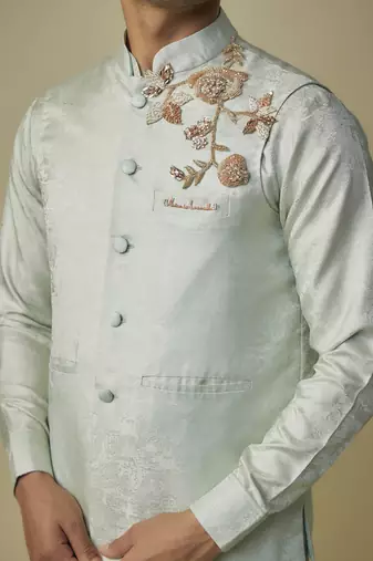 Sage greem embroiderd bundi with kurta and pant