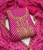 Women's pink unstitched designer leheriya print, hand work muslin dress material 