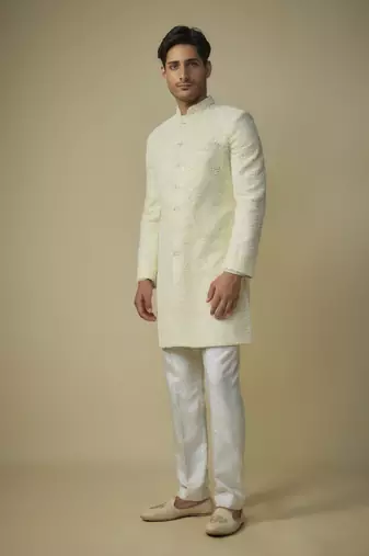 Yellow embroiderd sherwani with pant