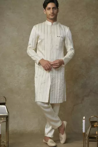 Butter yellow embroiderd sherwani with pant