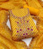 Women's mustered unstitched designer leheriya print, hand work muslin dress material 