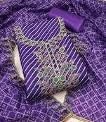 Women's blue unstitched designer leheriya print, hand work muslin dress material 