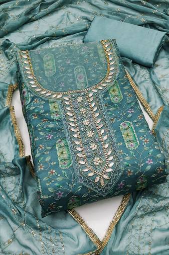 Women's sea green unstitched sequence embroidery viscose organja dress material 