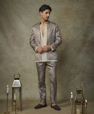 Olive embroiderd jacket with kurta and pant 1