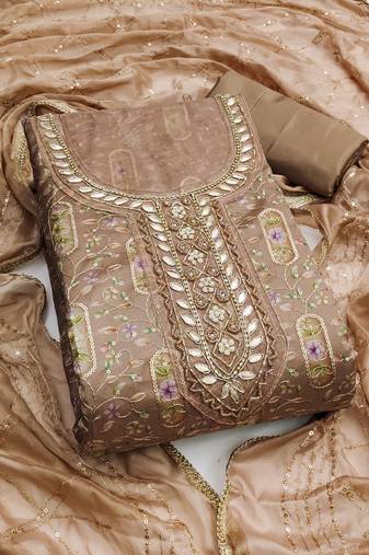 Women's beige unstitched sequence embroidery viscose organja dress material 