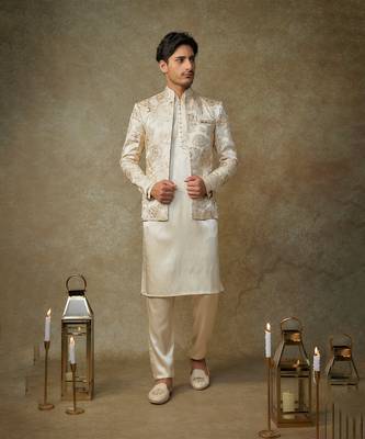 Beige floral embroiderd jacket with kurta and pant 1